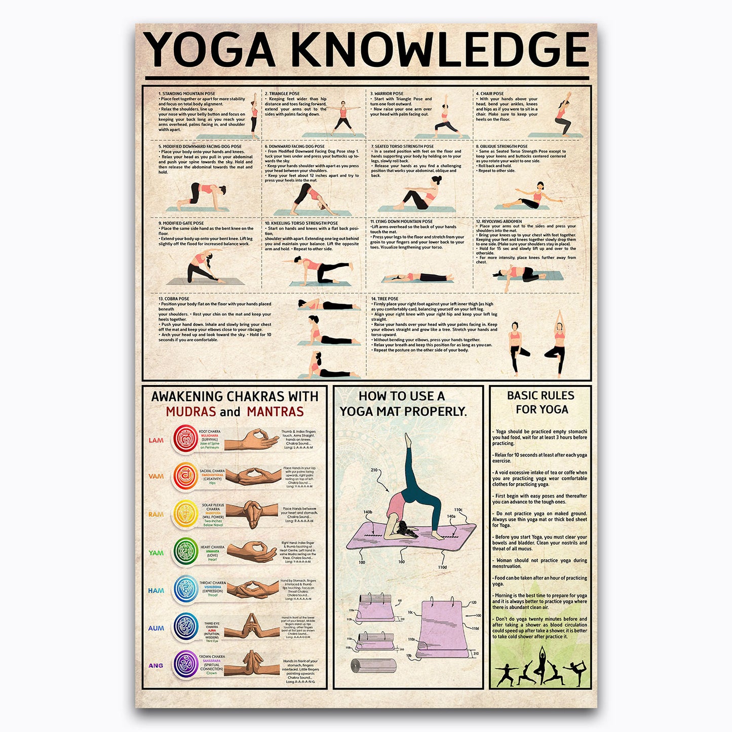 Yoga Poses Knowledge Poster, The Ashtanga Yoga Moves Vintage Canvas Wall Art For Yoga Studio, Astanga Space Decor, Gifts For Women, Yogi, Primary Asana Eight Limbs Of Print Yoga For Yogi