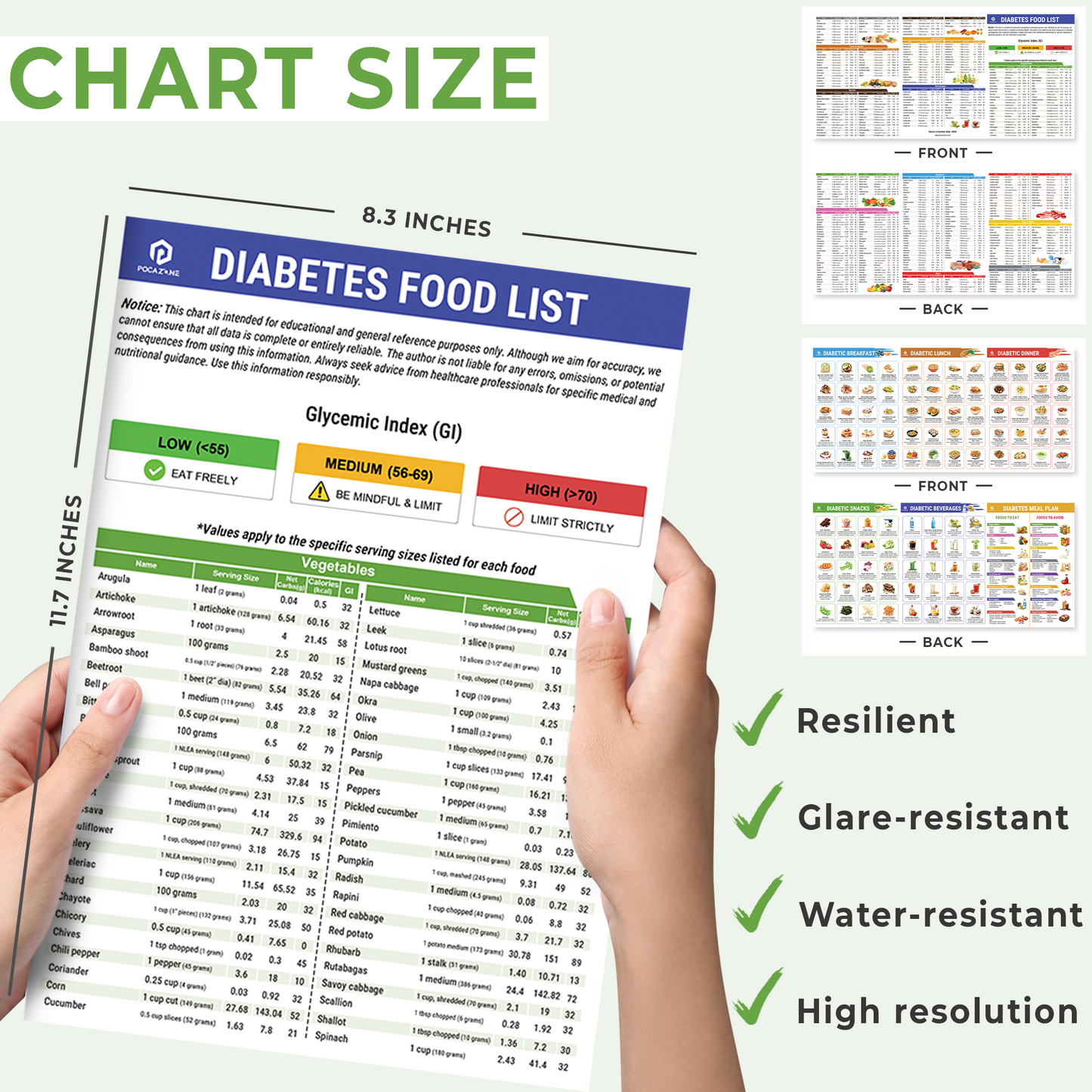 Set of 2 Diabetes Food List (1 Set - 2 Sheets), Laminated Meal Planner for Diabetics w/Serving Size, Food To Avoid, Calories, Glycemic Index, Pamphlet Healthy Grocery Nutrition List, Vitamin Chart