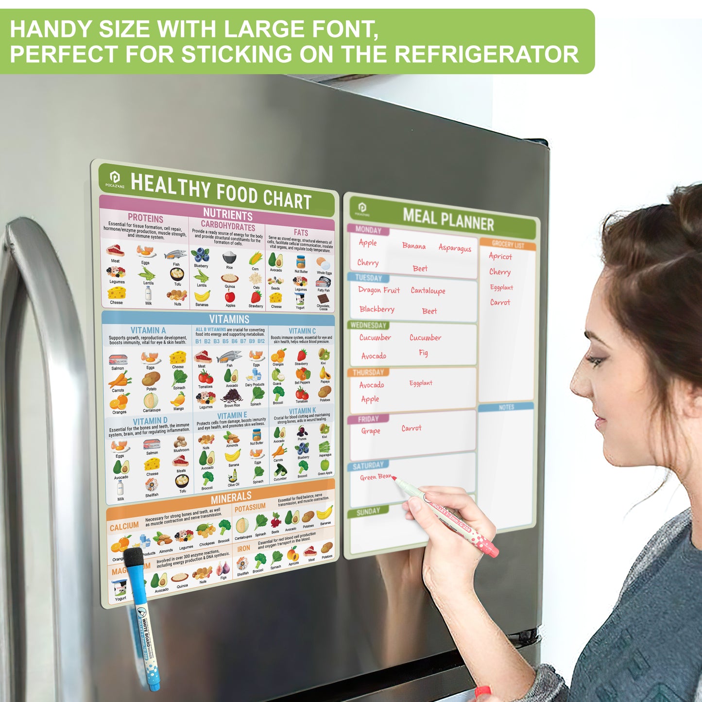Set of 2 Healthy Food Chart Magnet (10"x14") Magnetic Dry Erase Fridge Chart, Vitamin Chart for Healthy Eating, Nutrition Posters, Kitchen Conversion Chart, Meal Planner Diet, 3 Markers + Eraser
