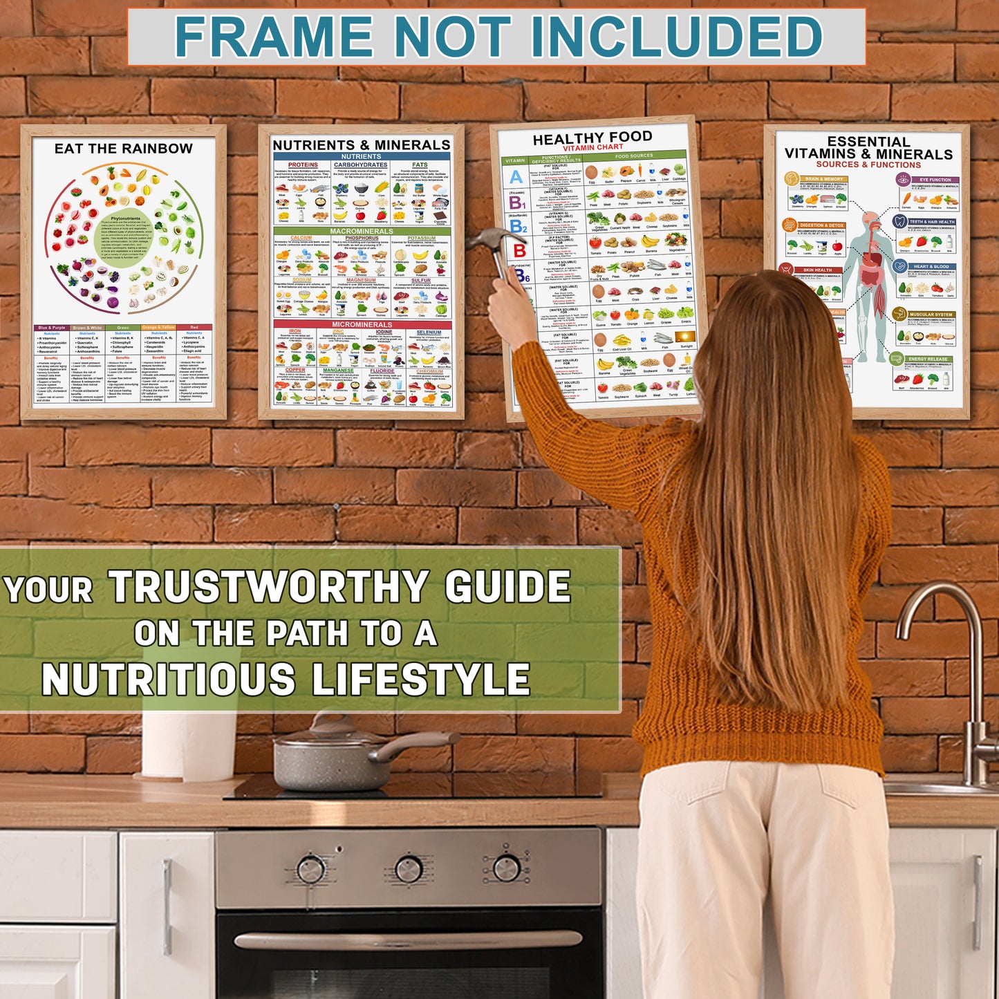 4 Pcs Vitamin And Mineral Chart 11"X17" - Healthy Food Chart, Rich Nutrition Poster, Food Protein, Essential Vitamin Laminated for Classroom, Nutrient Density, Vertical Poster Eat The Rainbow Unframed