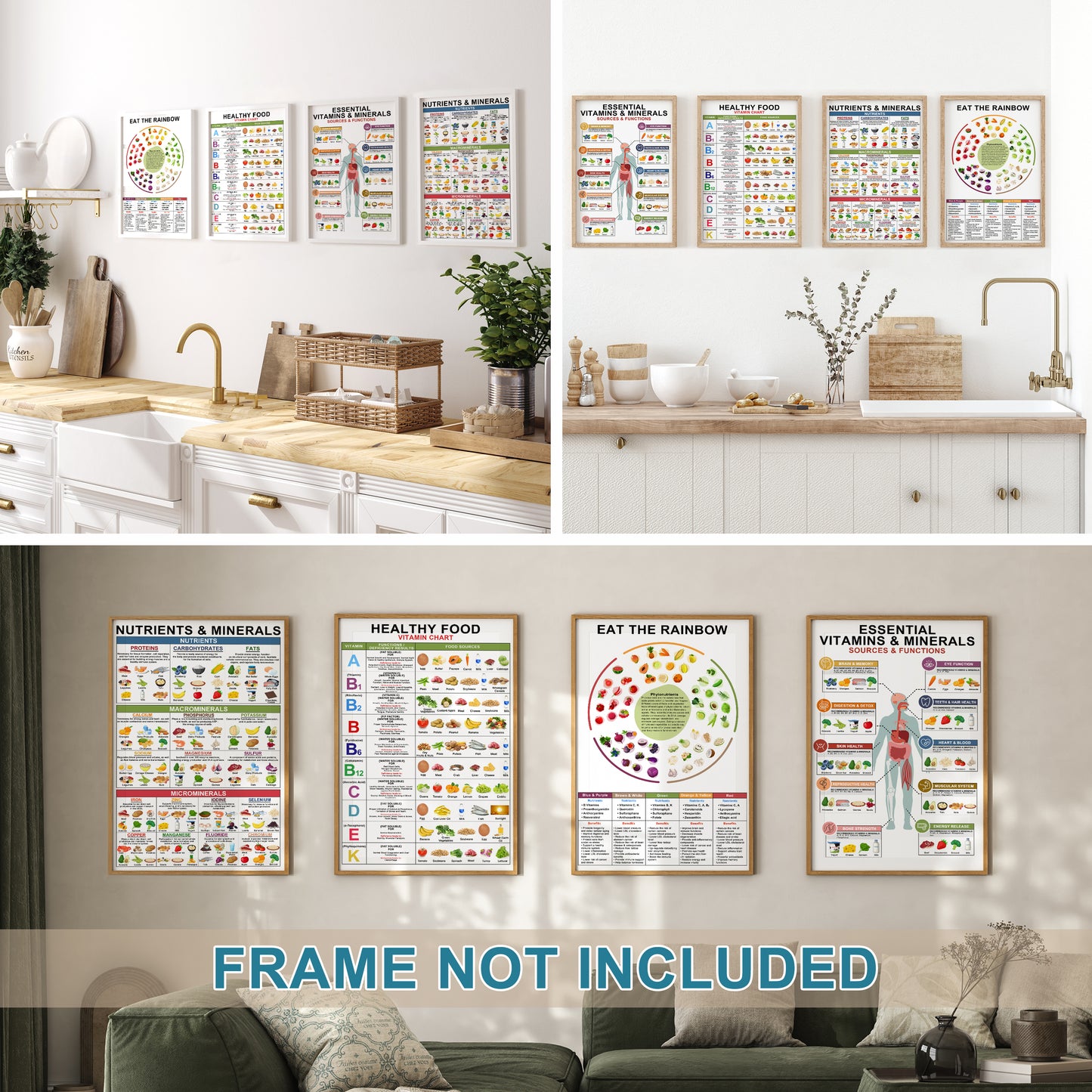 4 Pcs Vitamin And Mineral Chart 11"X17" - Healthy Food Chart, Rich Nutrition Poster, Food Protein, Essential Vitamin Laminated for Classroom, Nutrient Density, Vertical Poster Eat The Rainbow Unframed