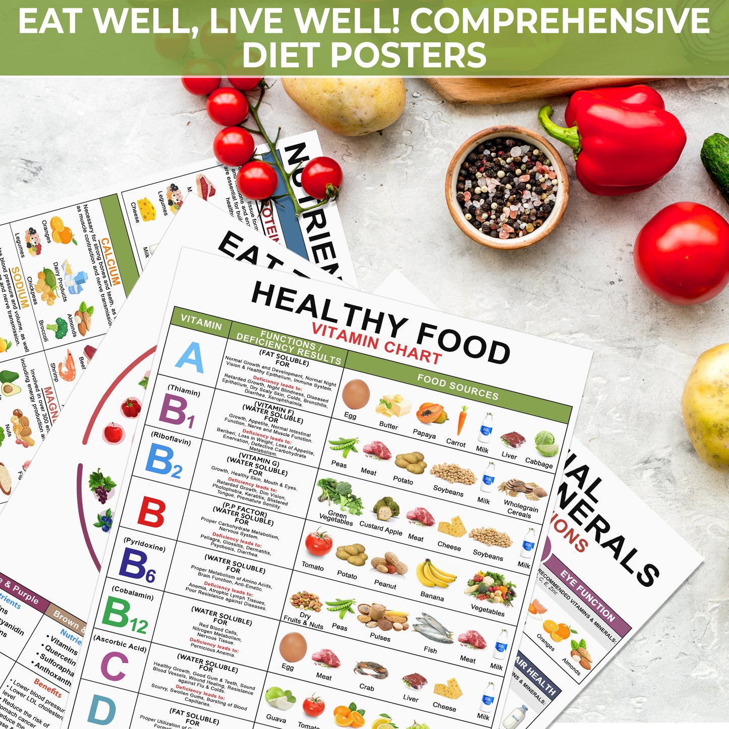 4 Pcs Vitamin And Mineral Chart 11"X17" - Healthy Food Chart, Rich Nutrition Poster, Food Protein, Essential Vitamin Laminated for Classroom, Nutrient Density, Vertical Poster Eat The Rainbow Unframed
