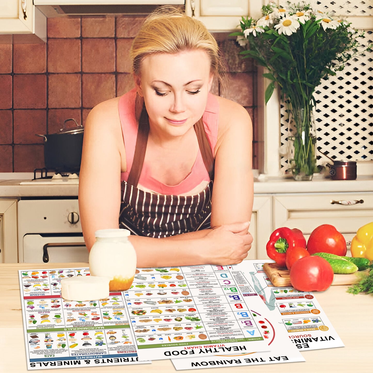 4 Pcs Vitamin And Mineral Chart 11"X17" - Healthy Food Chart, Rich Nutrition Poster, Food Protein, Essential Vitamin Laminated for Classroom, Nutrient Density, Vertical Poster Eat The Rainbow Unframed